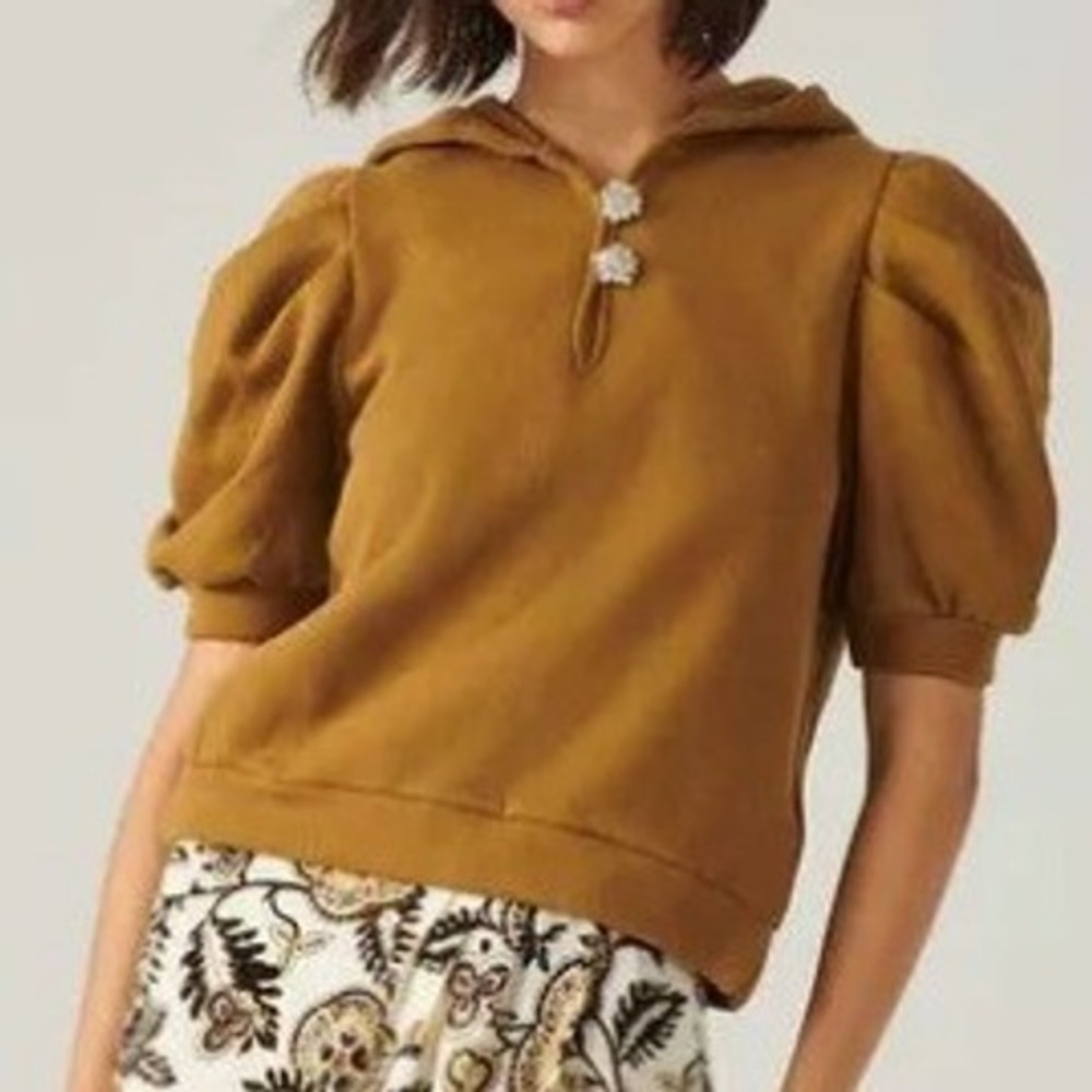 Ba&sh Dylia Sweatshirt Top Womens L Bronze Gold Puff Short Sleeve Hoodie Sparkle